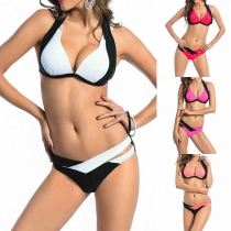 Sexy Contrast Color Lace-up Halter Bikini Set