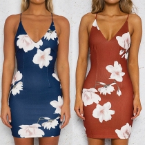 Sexy Backless Deep V-neck Slim Fit Sling Printed Dress