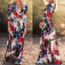 Sweet Style 3/4 Sleeve V-neck Printed Maxi Dress