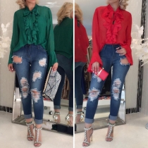 Fashion Solid Color Trumpet Sleeve Ruffle Chiffon Blouse