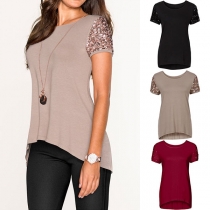 Fashion Solid Color Sequin Spliced Short Sleeve High-low Hem T-shirt