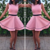 Fashion Contrast Color Sleeveless Round Neck High Waist Dress
