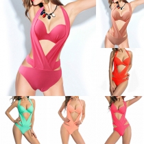 Sexy Solid Color Backless Hollow Out One-piece Swimsuit