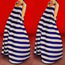Bohemian Style Sleeveless Round Neck Striped Chiffon Maxi Dress