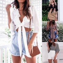 Sexy Deep V-neck Lace-up Hem Ruffle Solid Color Top