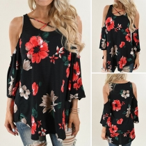 Sexy Off-shoulder 3/4 Sleeve Round Neck Printed T-shirt