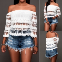 Sexy Off-shoulder Boat Neck Solid Color Lace Top 