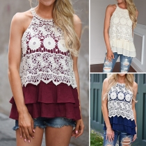 Fashion Hollow Out Lace Spliced Double-layer Ruffle Hem Top