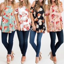 Fashion Off-shoulder Short Sleeve Round Neck Printed T-shirt