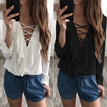 Sexy Lace-up Deep V-neck Long Sleeve Solid Color Ruffle Chiffon Blouse