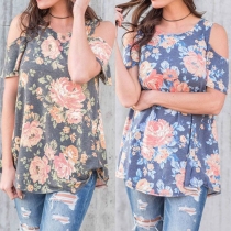 Fashion Off-shoulder Short Sleeve Round Neck Printed T-shirt