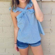Sexy Backless Solid Color Crossover Ruffle Top