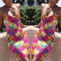 Sexy Backless Slim Fit Colorful Printed Sling Dress