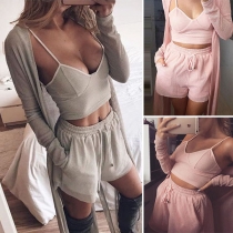 Sexy Solid Color Backless Cami Top + Elastic Waist Shorts Two-piece Set