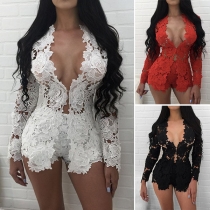 Fashion Solid Color Long Sleeve Top + Shorts Lace Two-piece Set