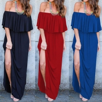 Sexy Off-shoulder Boat Neck Slit Hem High Waist Solid Color Maxi Dress