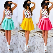 Fashion Printed Sleeveless Top + High Waist Fluffy Skirt Two-piece Set