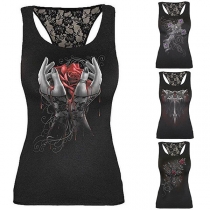 Fashion Lace Spliced Slim Fit Printed Tank Top