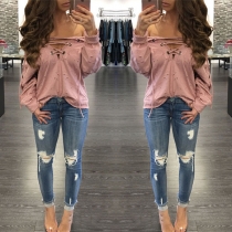 Fashion Solid Color Long Sleeve Lace-up V-neck Ripped Hoodie