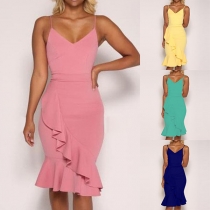 Sexy Backless V-neck Ruffle Hem Solid Color Sling Party Dress