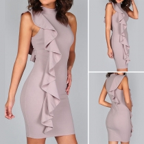 Elegant Solid Color Sleeveless Mock Neck Slim Fit Ruffle Party Dress