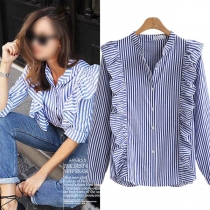 OL Style Long Sleeve POLO Collar Ruffle Striped Shirt