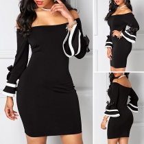 Sexy Off-shoulder Boat Neck Lotus Sleeve Slim Fit Party Dress