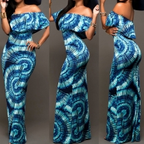 Bohemian Style Off-shoulder Boat Neck Printed Maxi Dress
