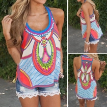 Bohemian Style Round Neck Arc Hem Printed Tank Top