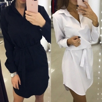 OL Style Long Sleeve POLO Collar Solid Color Shirt Dress