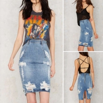 Distressed Style High Waist Slit Hem Ripped Denim Skirt