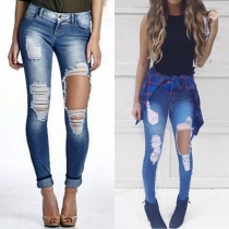 Distressed Style Low-waist Hollow Out Ripped Skinny Jeans 