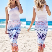 Fashion Sleeveless Round Neck Wave-stripe Spliced Hem Slim Fit Dress