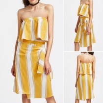 Sexy Strapless Top + Lace-up High Waist Skirt Striped Two-piece Set