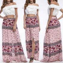 Bohemian Style High Waist Slit Hem Printed Maxi Skirt