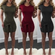 Elegant Solid Color Short Sleeve Round Neck Lace-up Bodycon Dress