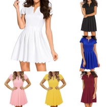 Elegant Solid Color Short Sleeve V-neck High Waist Dress