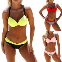 Sexy Contrast Color Printed Spliced Bikini Set