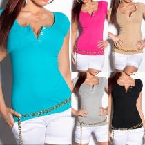 Fashion Short Sleeve V-neck Lace Spliced Solid Color T-shirt