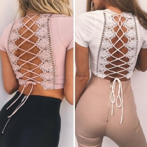 Sexy Deep V-neck Hollow Out Lace-up Lace Spliced Crop Top