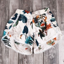 Fashion Elastic Waist Tassel Hem Printed Shorts