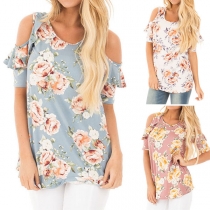 Fashion Off-shoulder Lotus Sleeve Round Neck Printed T-shirt