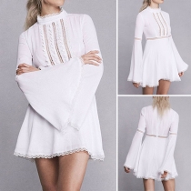 Fashion Solid Color Trumpet Sleeve Mock Neck Lace Spliced A-line Dress