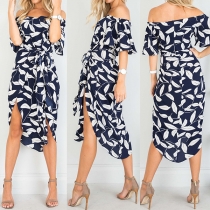 Elegant Style Floral Printed Slit Hem Off-the-Shoulder Dress 