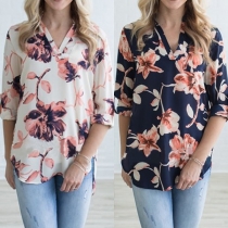 Fashion Style Long Sleeve V-neck High-low Hem Printed Blouse