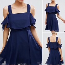 Sexy Off-shoulder Lotus Sleeve High Waist Solid Color Sling Dress