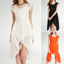 Fashion Style Irregular Hem Round Neck Short Sleeve Lace Dress 