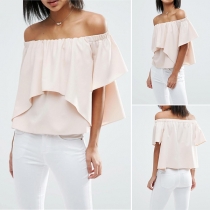 Sexy Off-shoulder Boat Neck Short Sleeve Solid Color Ruffle Chiffon Top