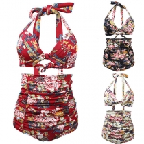 Sexy Peony Printed High Waist Halter Bikini Set