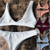 Sexy Backless Deep V-neck Solid Color Bikini Set